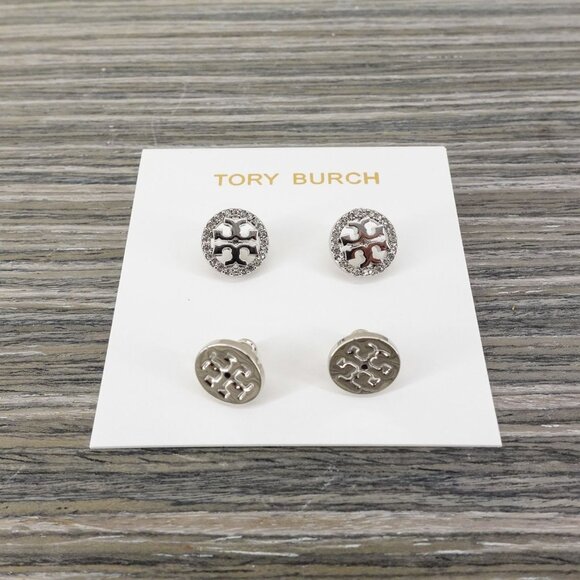 Tory Burch Miller Pavé Stud Earrings Silver/Crystal OS - Picture 7 of 8